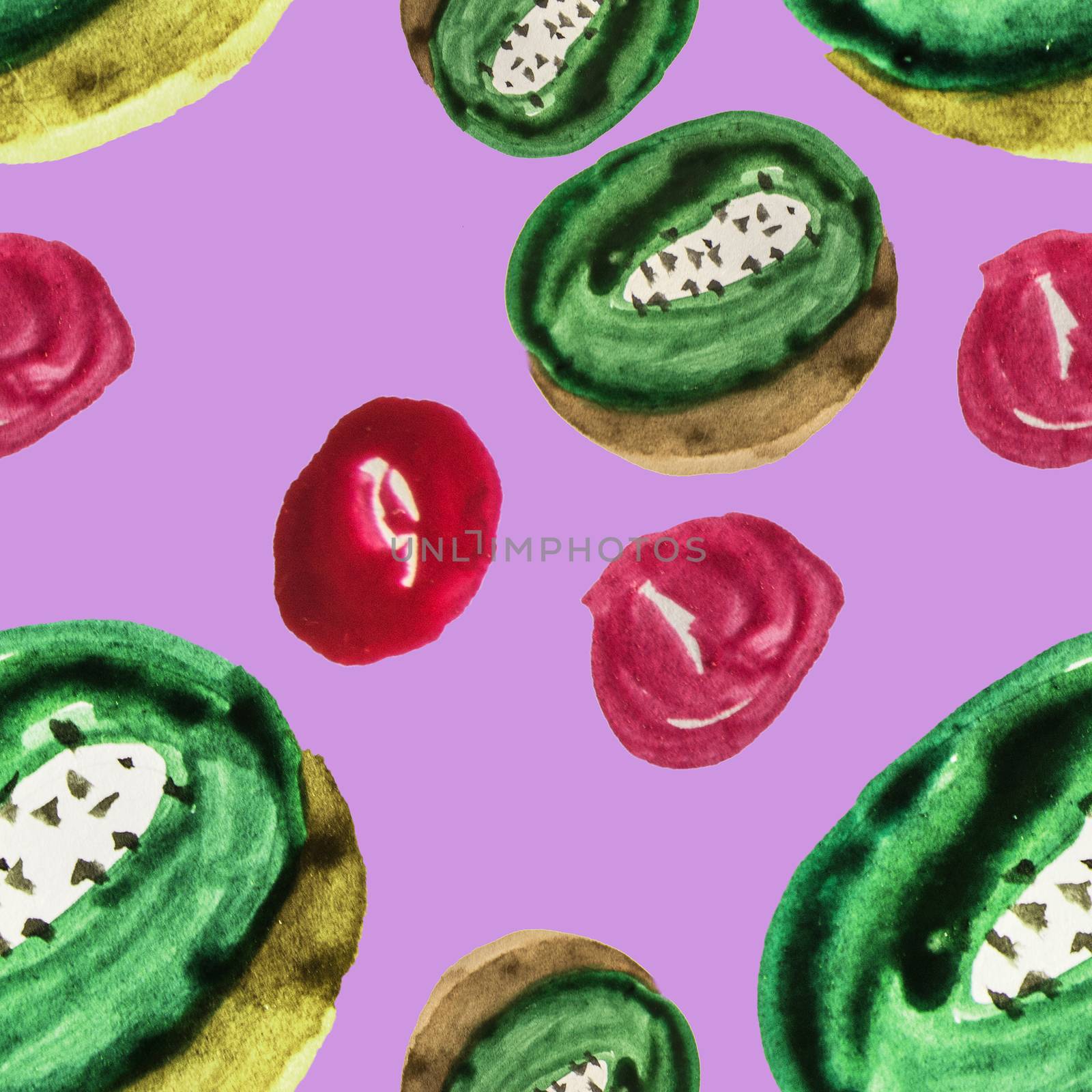 Cute seamless pattern sliced kiwi fruit and red berries watercolor pattern made by hand isolated on lilac background.