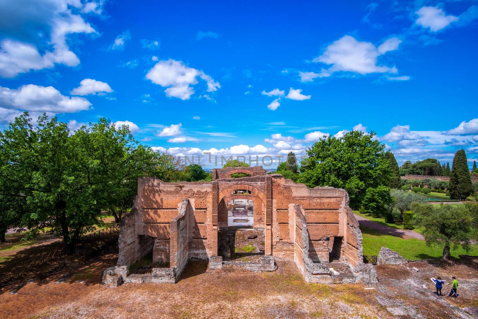 Tivoli - Villa Adriana cultural Rome tour- archaeological landmark in Italy aerial view of the Three Exedras building .