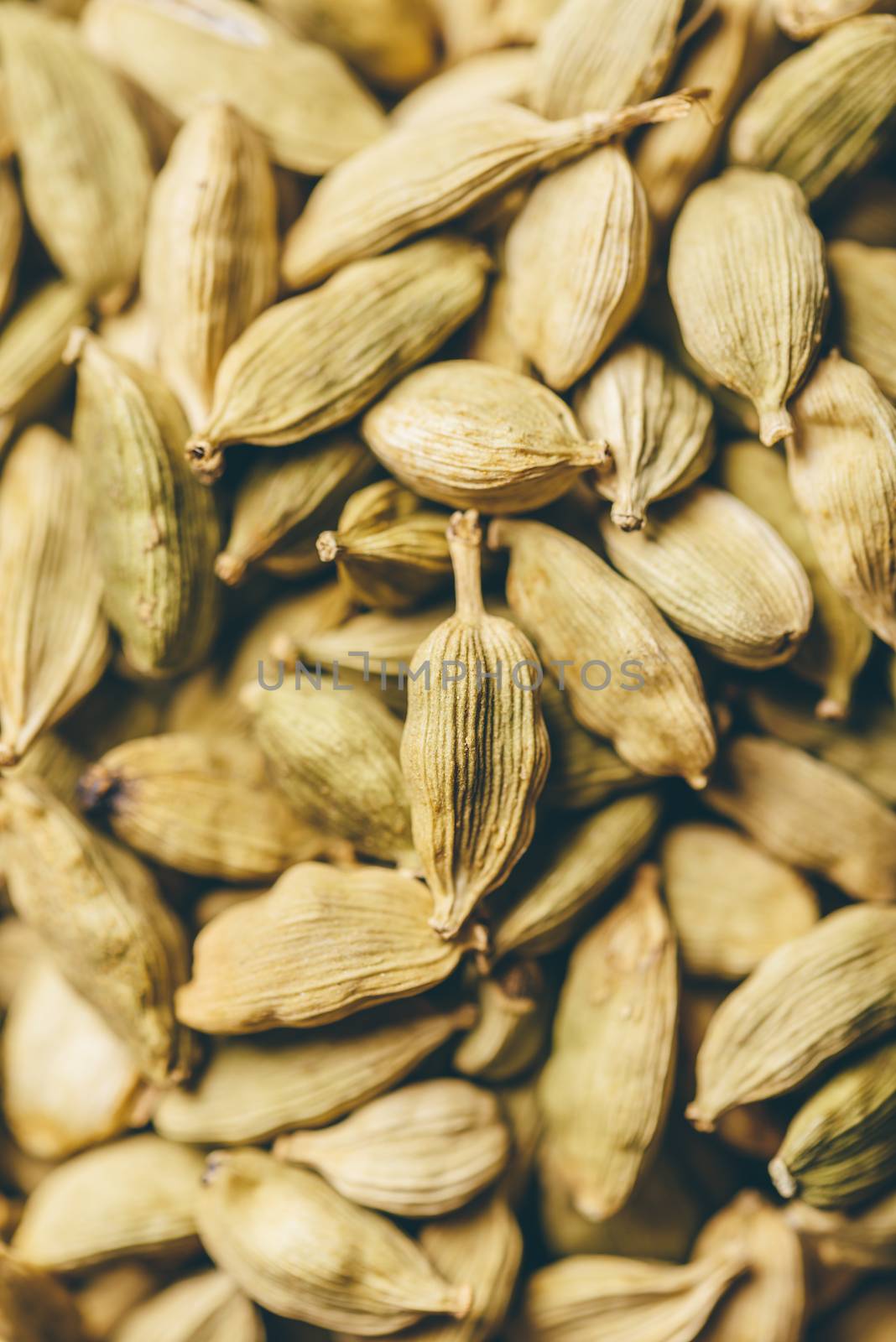 Dried Green Cardamom Pods Backdrop. Selective focus.