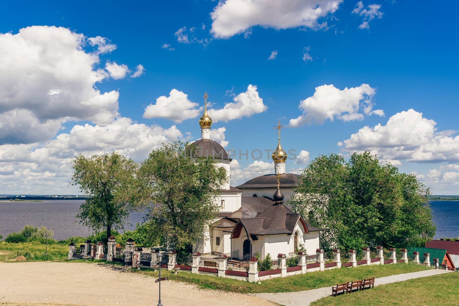Church of St Constantine and Helena on rural island Sviyazhsk in Russia. Summer Day with Cloudy Sky.