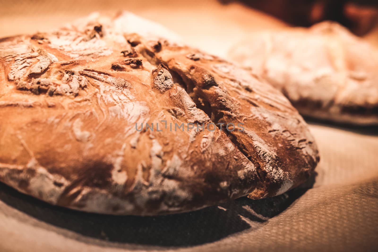 White crusty bread loaf made out of white wheat and mother dough over oven paper