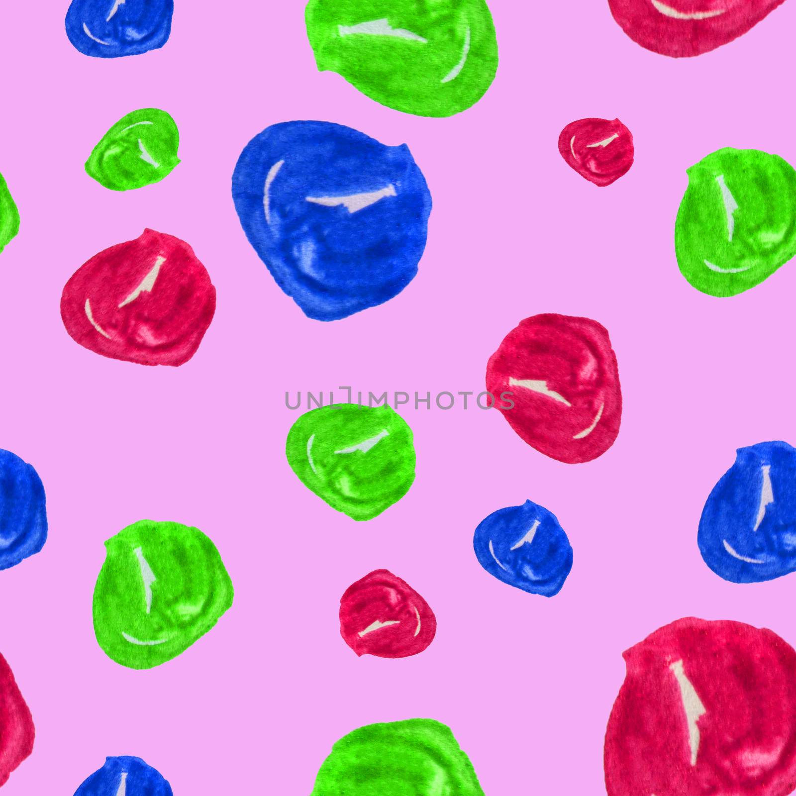 Hand drawn seamless watercolor background illustration of colorful beads on bright pink background. Colorful illustration with decorative Wallpaper.