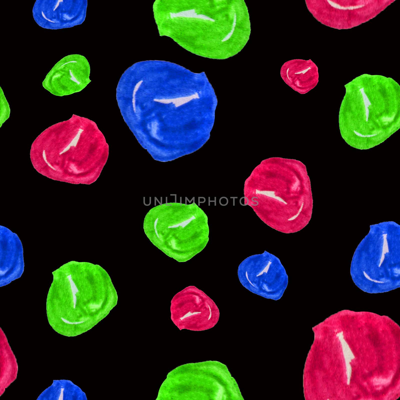 Hand drawn seamless watercolor background illustration of colorful beads on black background. Colorful illustration with decorative Wallpaper by claire_lucia