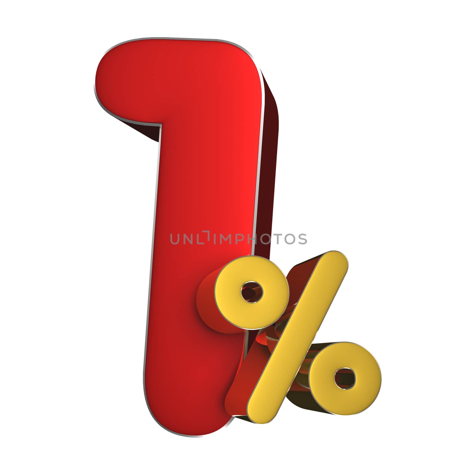 1 percent 3D rendering on white background.(with Clipping Path).
