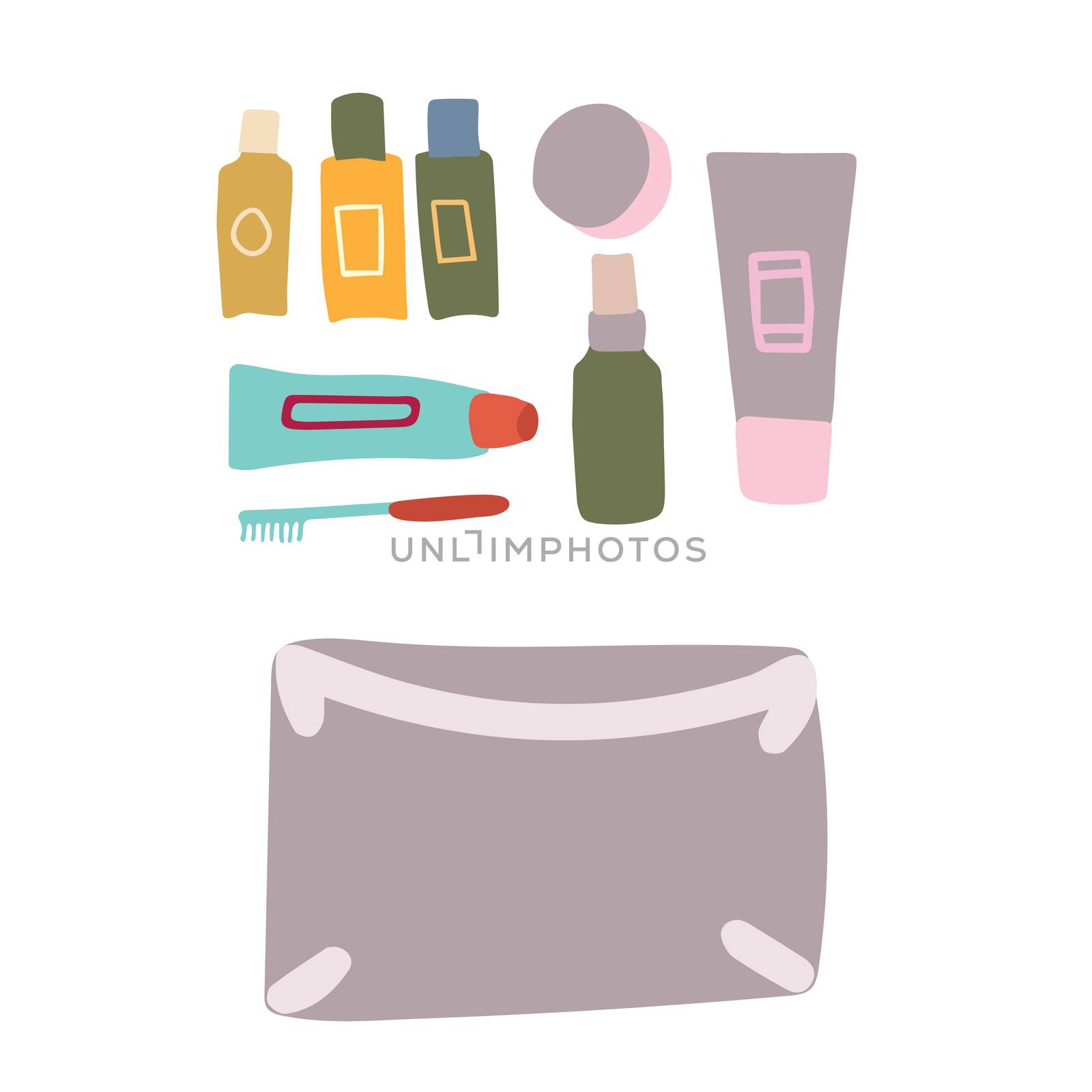 illustration of toiletries in hand luggage. Flat lay concept. Acceptable size tubes. Open packed suitcase. Advertising, poster, banner and web design.
