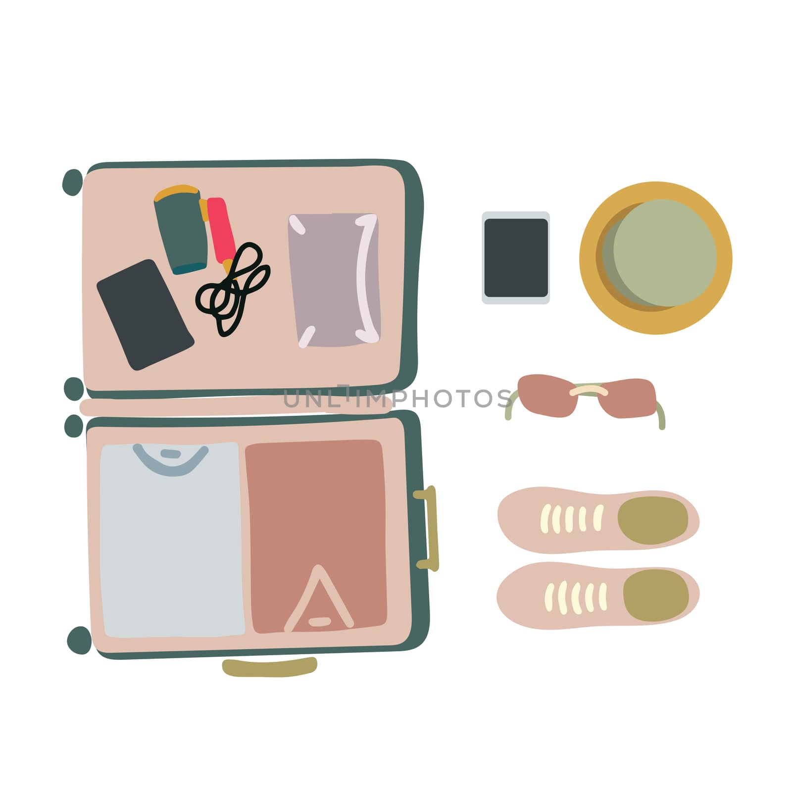 illustration top view luggage. Flat lay concept. Open packed suitcase. Advertising, poster, banner and web design.