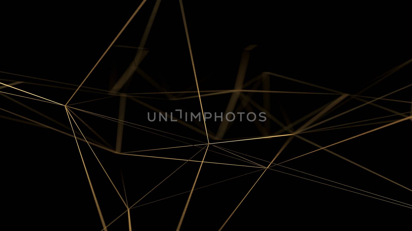 Gold lines on black background. Golden polygonal luxury network shine glitter design. 3D render