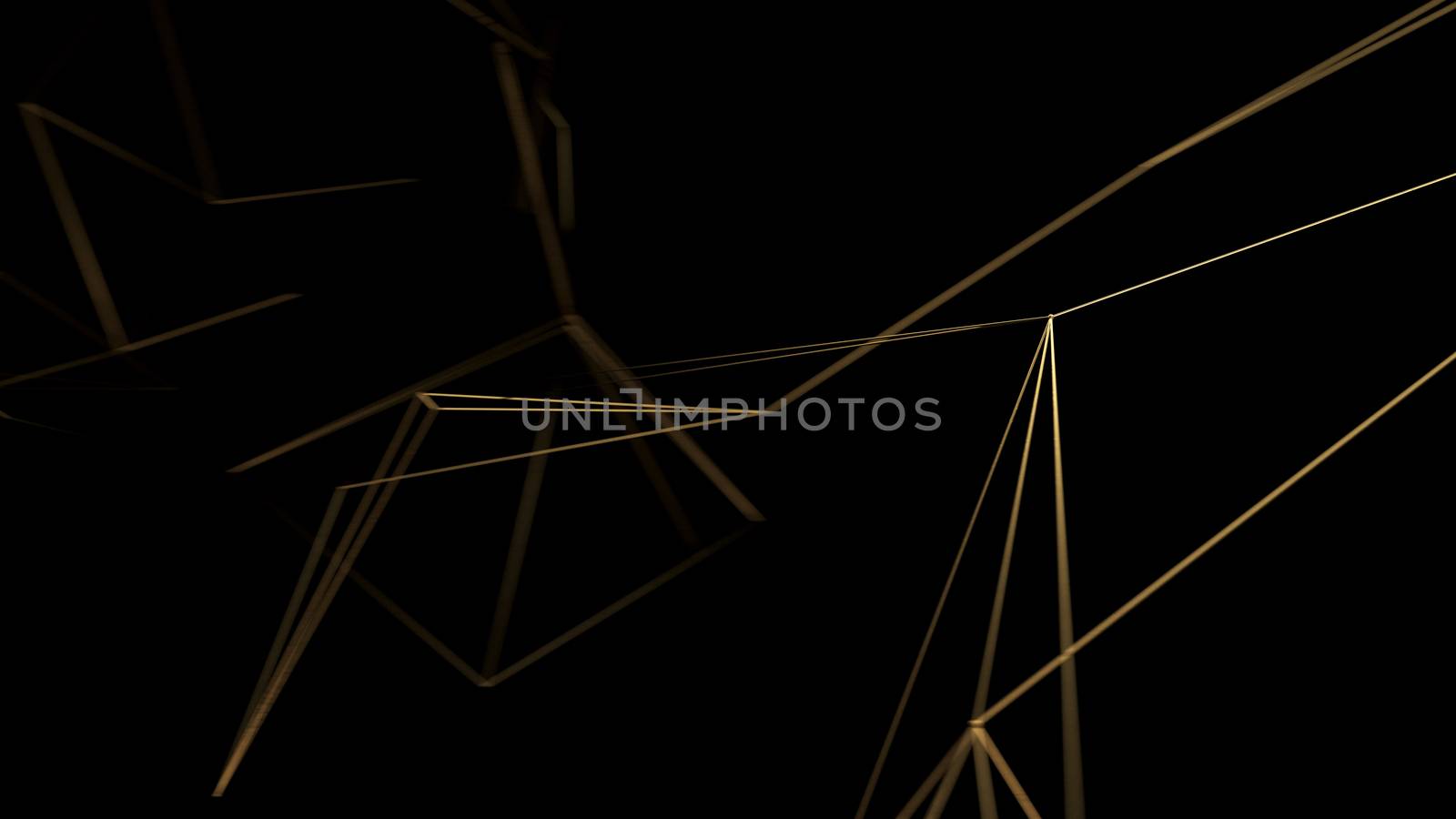 Gold lines on black background. Golden polygonal luxury network shine glitter design. 3D render