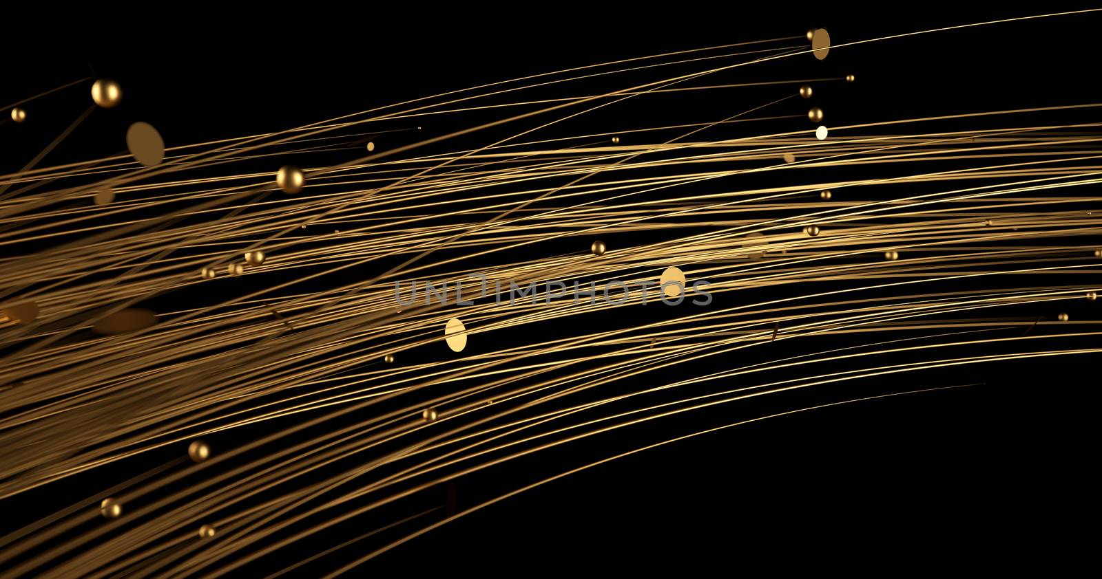Abstract golden lines and spheres on black background with bokeh. Luxury gold concept polygonal 3d rendered