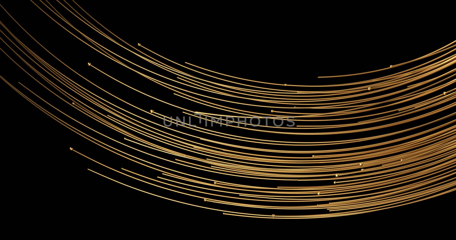 Abstract golden lines and spheres on black background with bokeh. Luxury gold concept polygonal 3d rendered