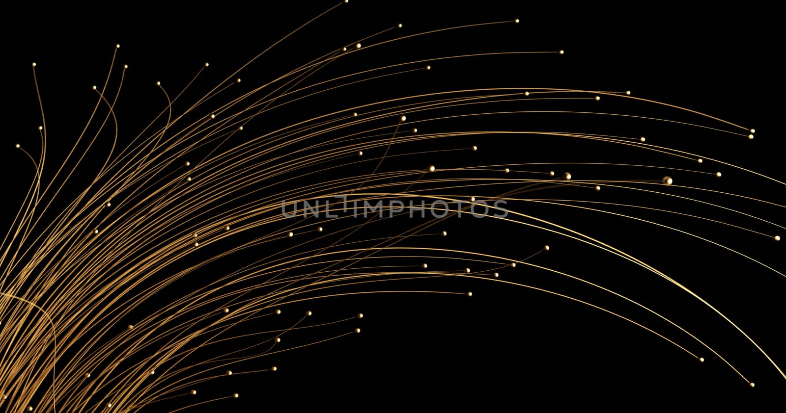 Abstract golden lines and spheres on black background with bokeh. Luxury gold concept polygonal 3d rendered illustration. by Shanvood