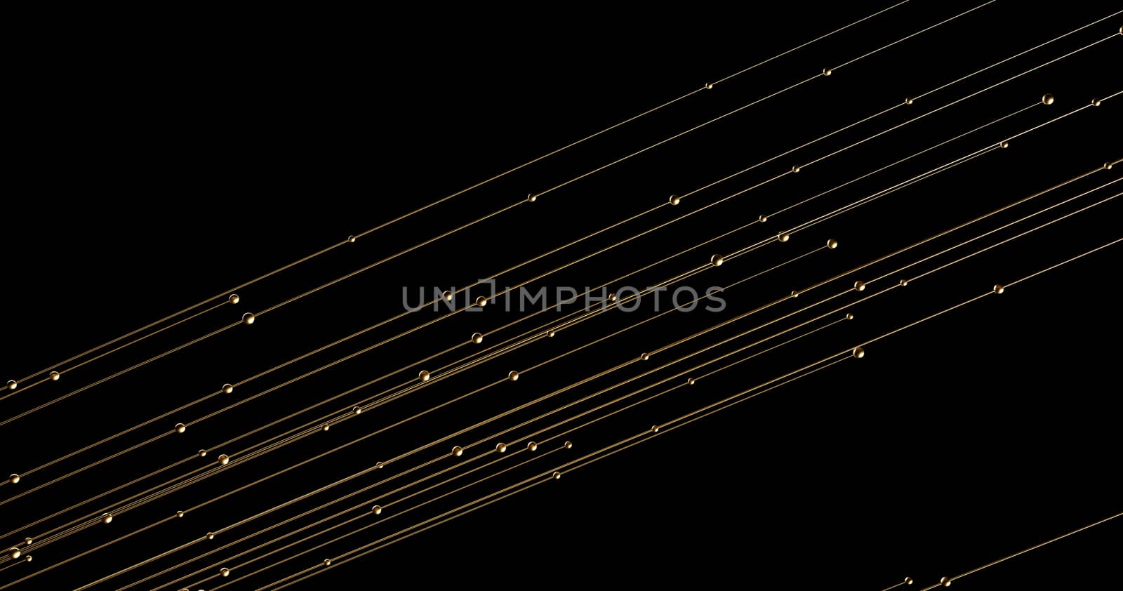 Abstract golden lines and spheres on black background with bokeh. Luxury gold concept polygonal 3d rendered illustration. by Shanvood
