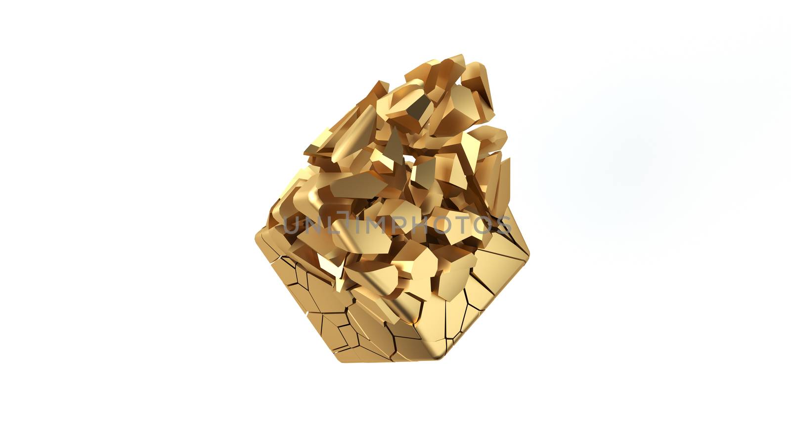 Abstract scattering golden shape. Gold cube breaks down to small pieces. 3D render illustration
