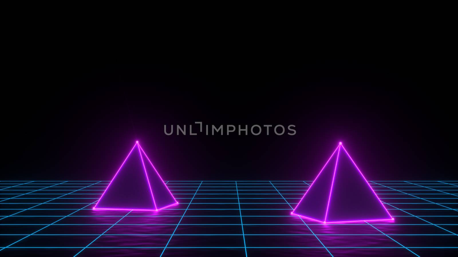 3d render of neon pyramid on grid background. Banner design. Retrowave, synthwave, vaporwave illustration.