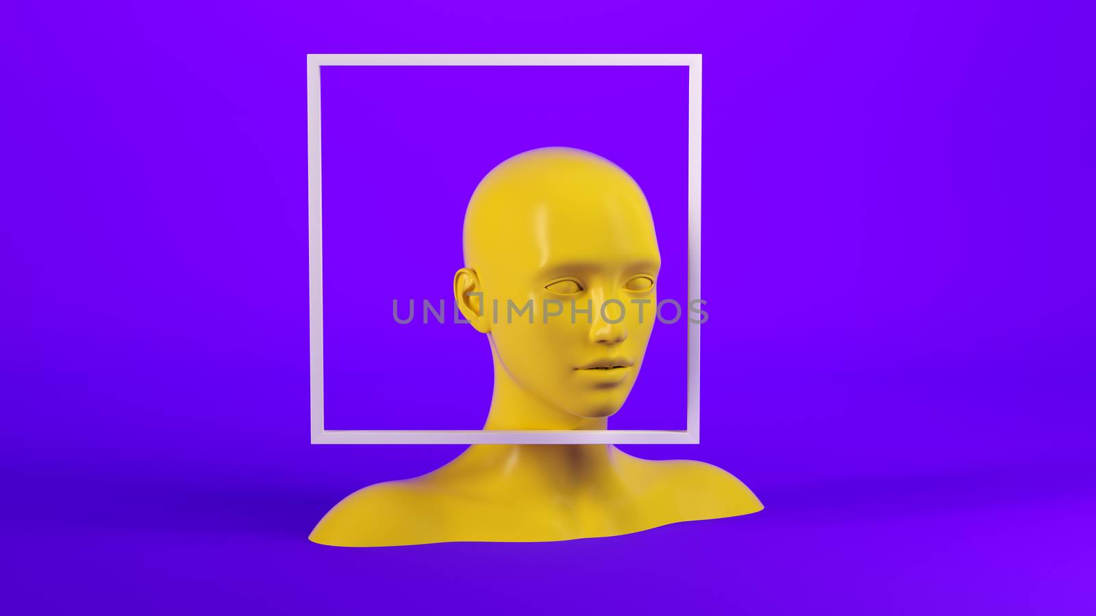 Abstract mannequin female head with white frame on background. Fashion woman. Yellow human face. 3d render illustration by Shanvood