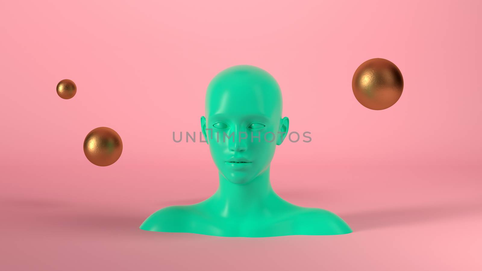 Abstract mannequin female head with golden spheres balls on background. Fashion woman. Green human face. 3d render illustration by Shanvood