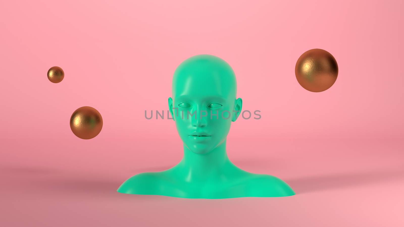 Abstract mannequin female head with golden spheres balls on background. Fashion woman. Green human face. 3d render