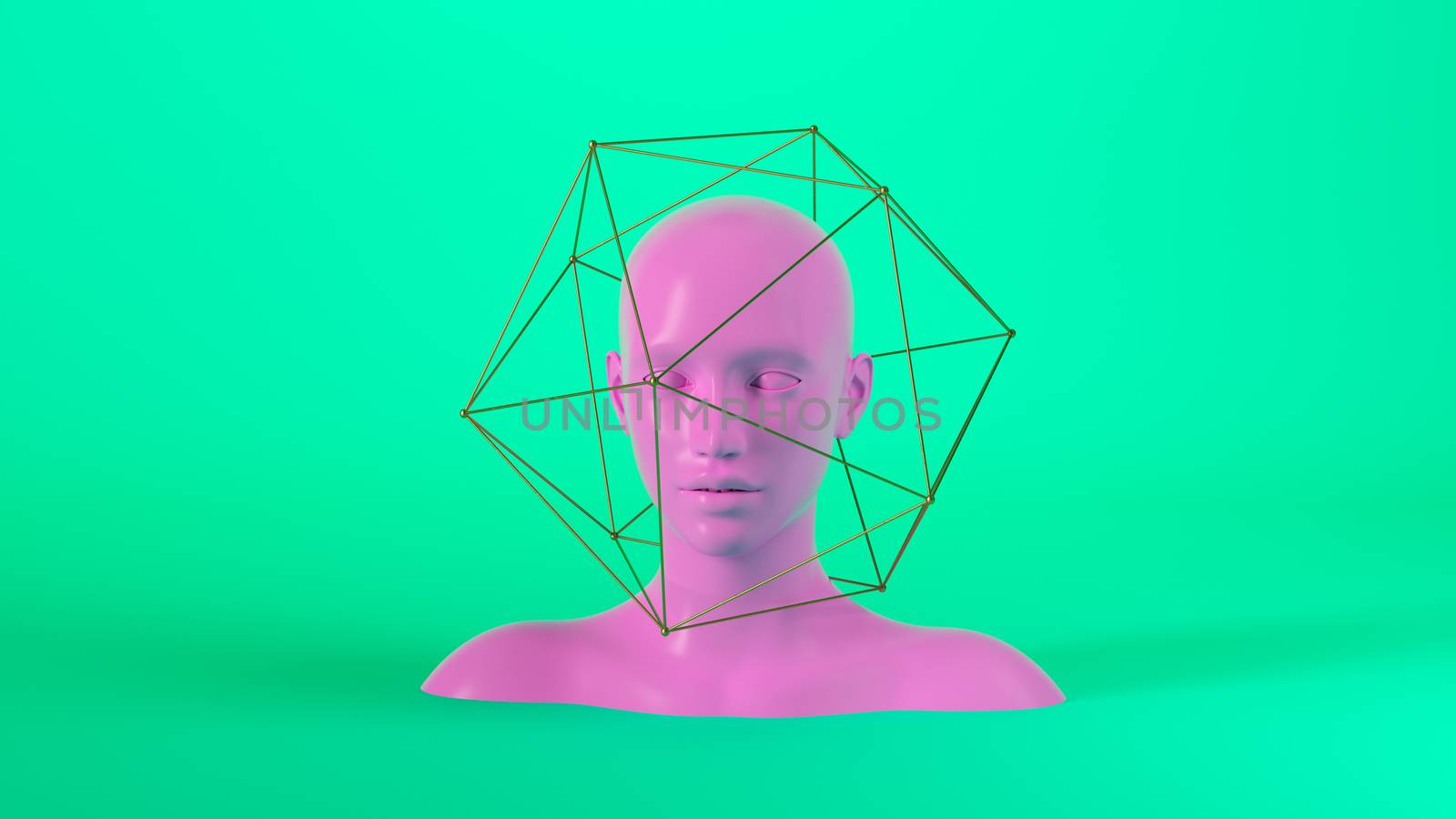 Abstract mannequin female head with golden geometric shapes on background. Fashion woman. Pink human face. 3d render illustration by Shanvood