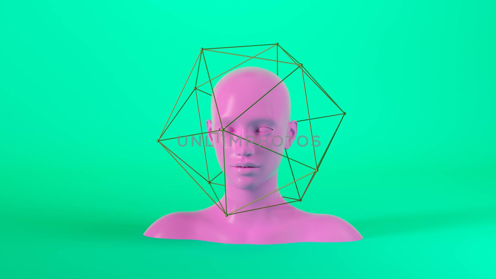 Abstract mannequin female head with golden geometric shapes on background. Fashion woman. Pink human face. 3d render