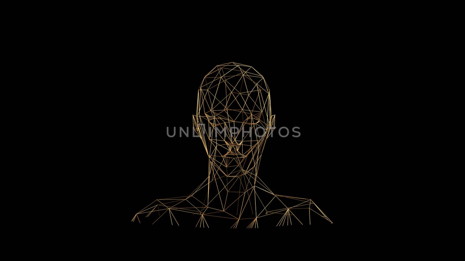 Gold lines on black background. Abstract human face head. Golden polygonal luxury network shine glitter design. 3D render
