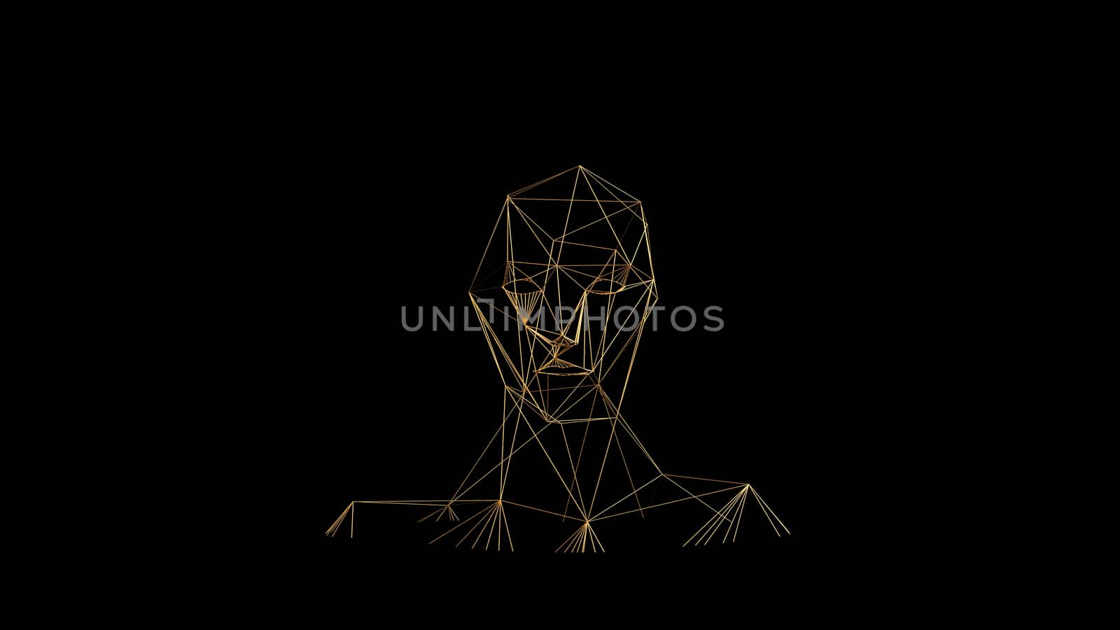 Gold lines on black background. Abstract human face head. Golden polygonal luxury network shine glitter design. 3D render