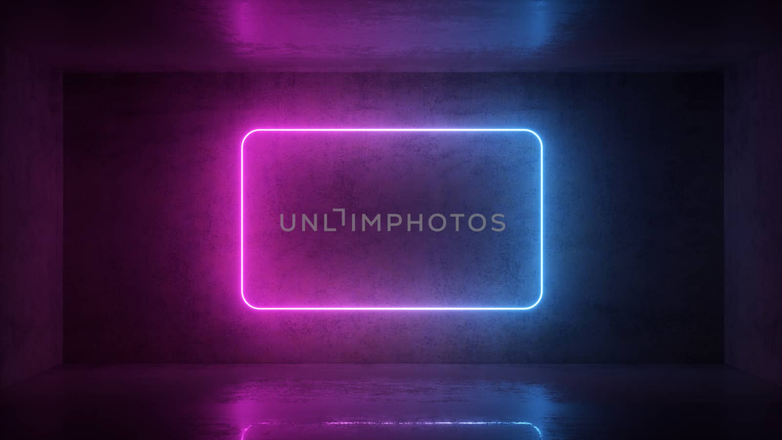 3d render of neon frame on background in the room. Banner design. Retrowave, synthwave, vaporwave illustration. Party and sales concept