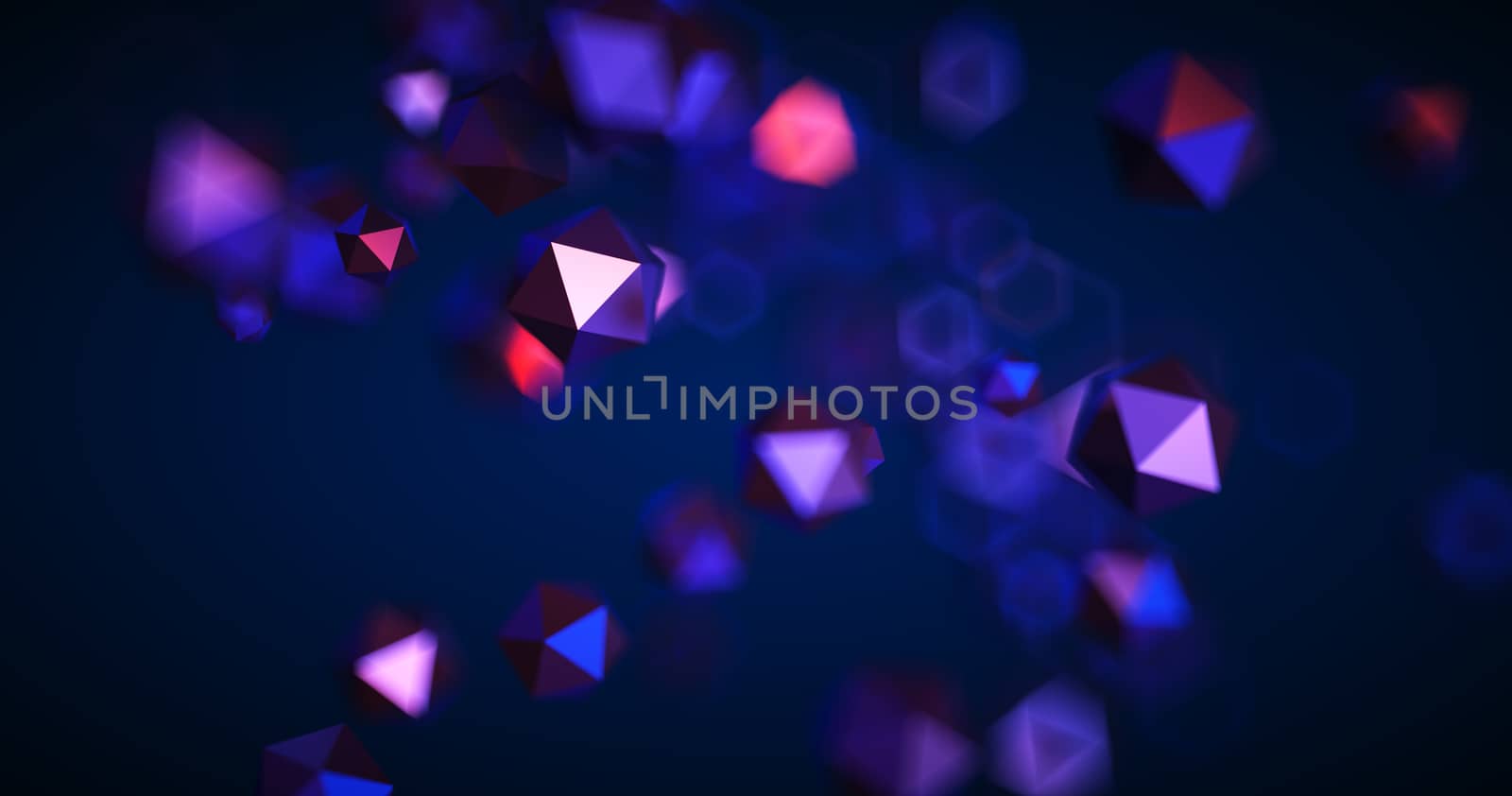 Abstract black background with geometric shapes, depth of field and bokeh. Neon futuristic backdrop. 3D render illustration by Shanvood