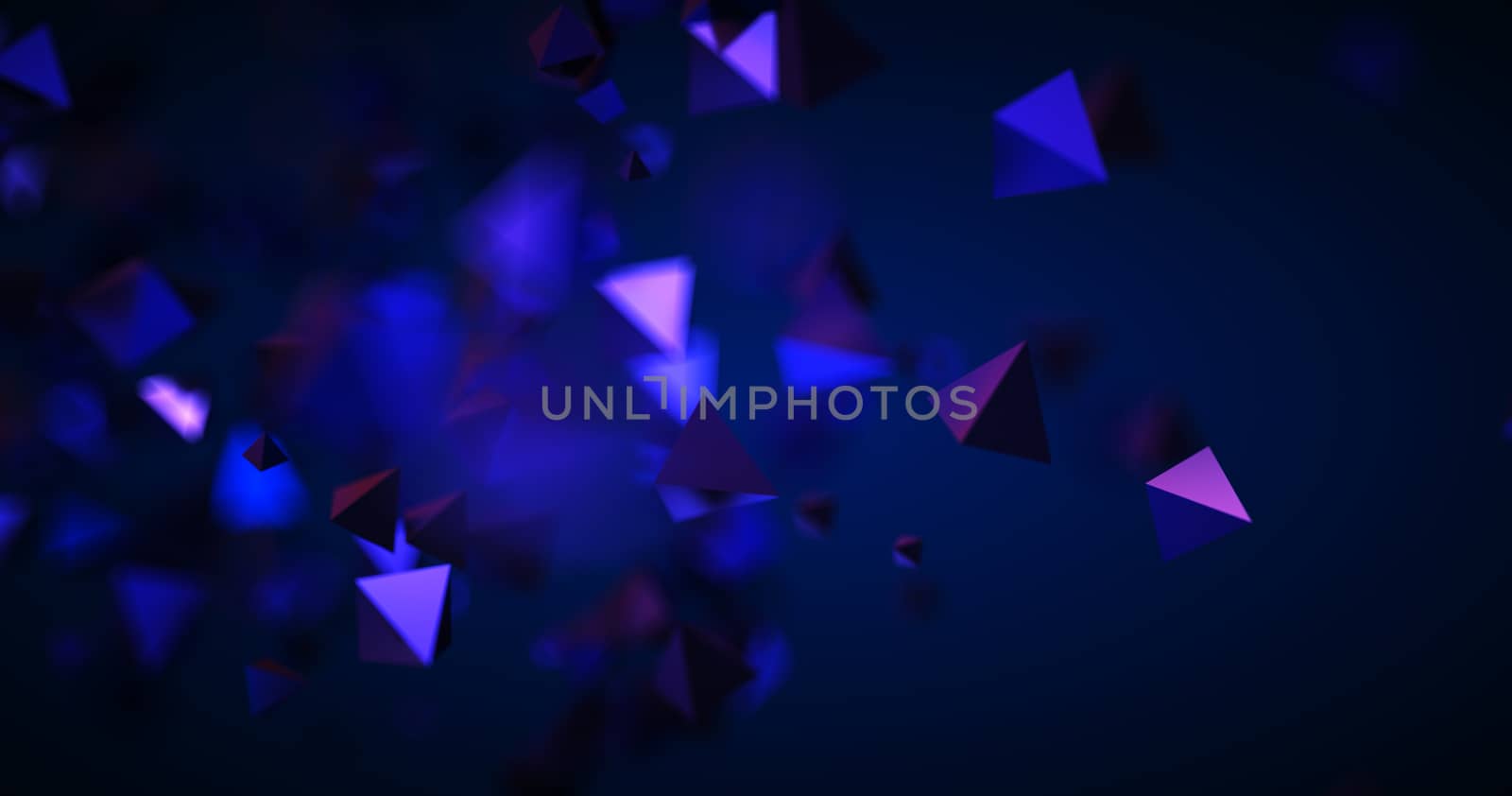 Abstract black background with geometric shapes, depth of field and bokeh. Neon futuristic backdrop. 3D render