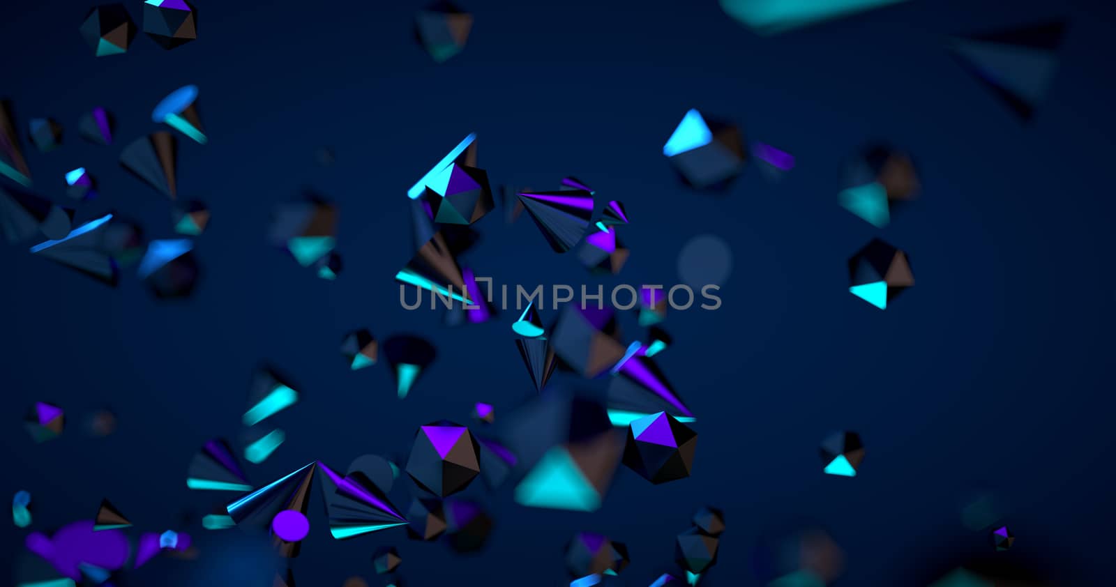 Abstract black background with geometric shapes, depth of field and bokeh. Neon futuristic backdrop. 3D render illustration by Shanvood