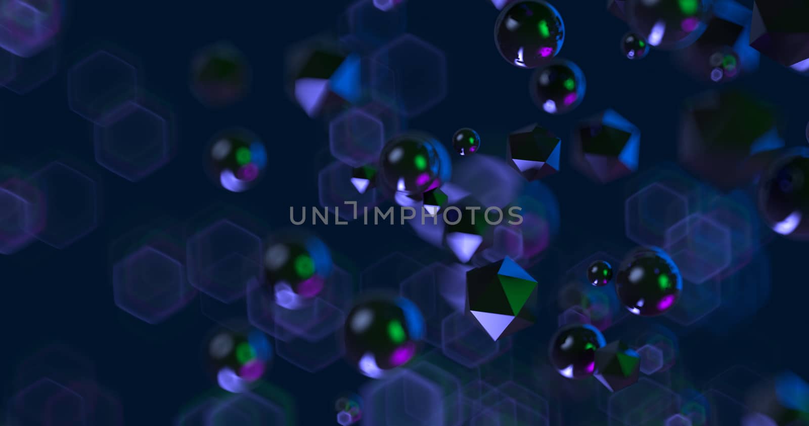 Abstract black background with geometric shapes, depth of field and bokeh. Neon futuristic backdrop. 3D render