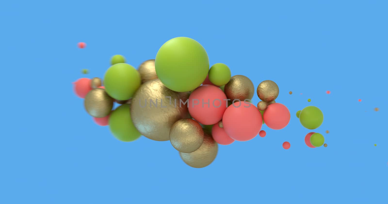 Abstract background with Living Coral, golden and green spheres on blue. Fashion sale banner design. 3D render