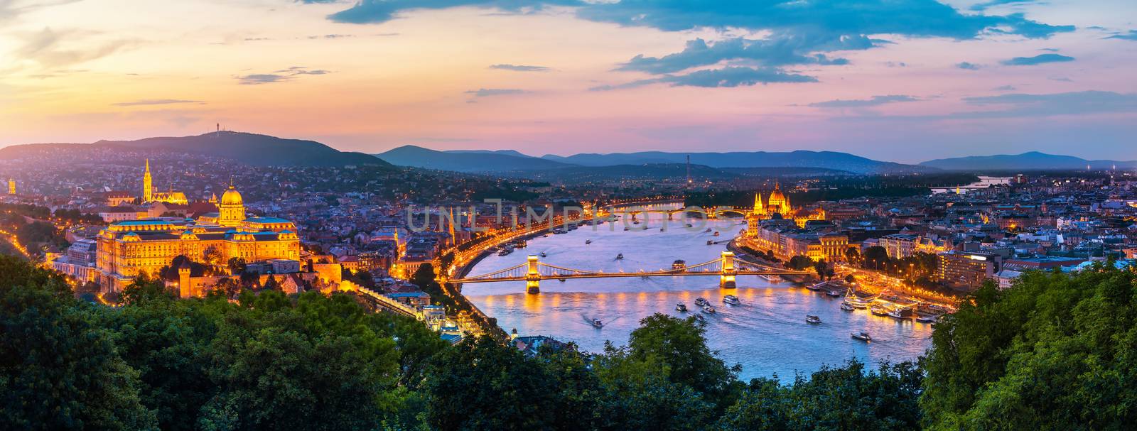 Panoramic view on landmarks of Budapest at sunset, Hungary