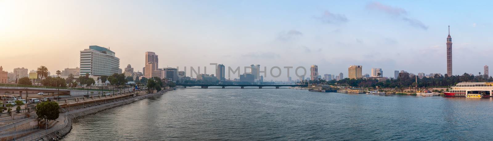 Panorama of the Nile River, view of the Cairo city