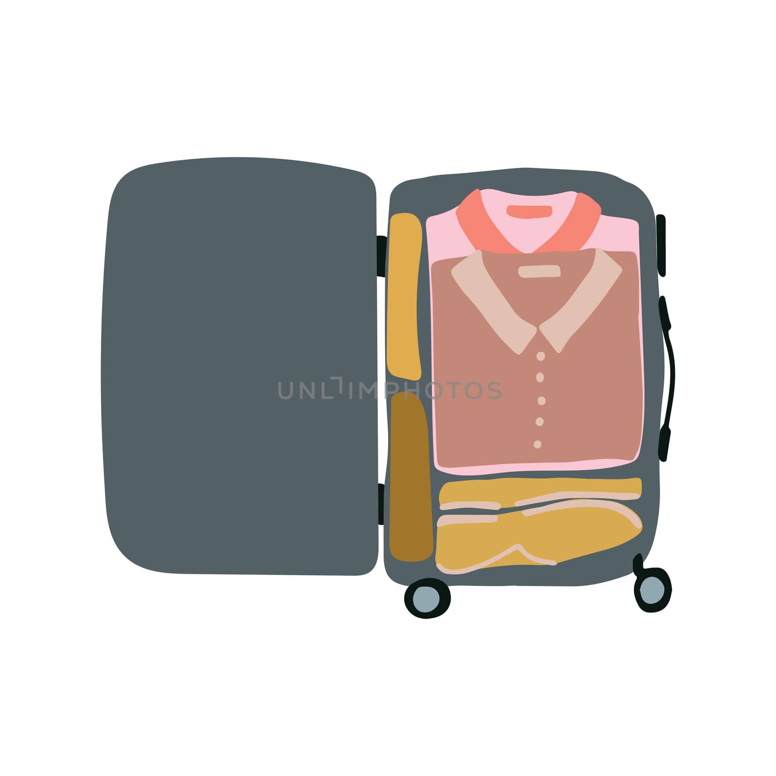illustration top view luggage. Small open packed suitcase. Advertising, poster, banner and web design.