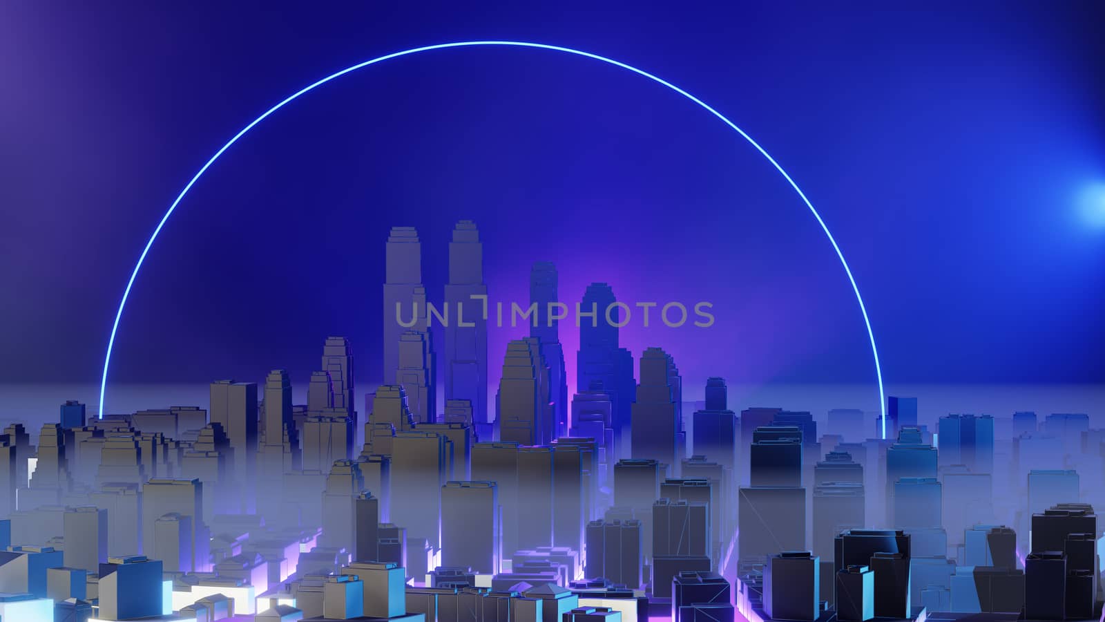 City in fog. Atmospheric emissions or explosion. 3D illustration. Concept of air pollution or military action