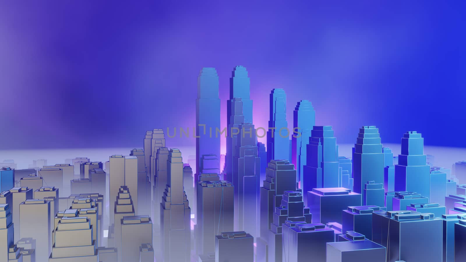 City in fog. Atmospheric emissions or explosion. 3D illustration. Concept of air pollution or military action