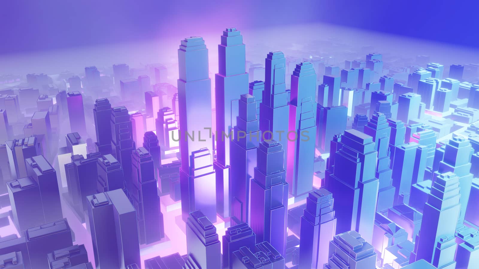 City in fog. Atmospheric emissions or explosion. 3D illustration. Concept of air pollution or military action
