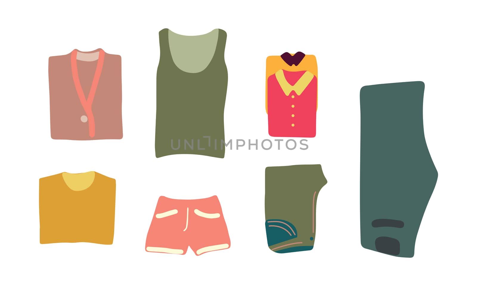 illustration clothes ready to pack in luggage. Flat lay concept.  Advertising, poster, banner and web design.