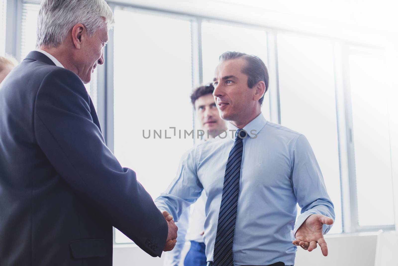 Happy business shaking hands in modern office