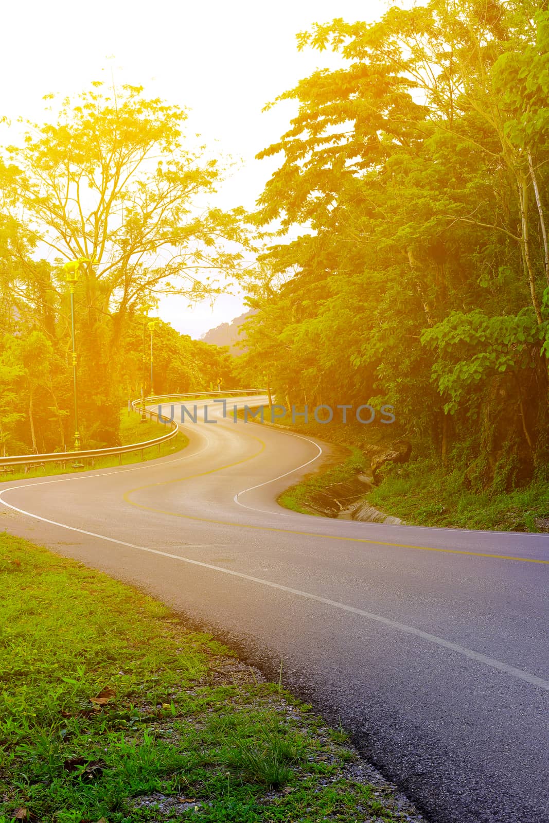 Curve way of asphalt road in the morning.