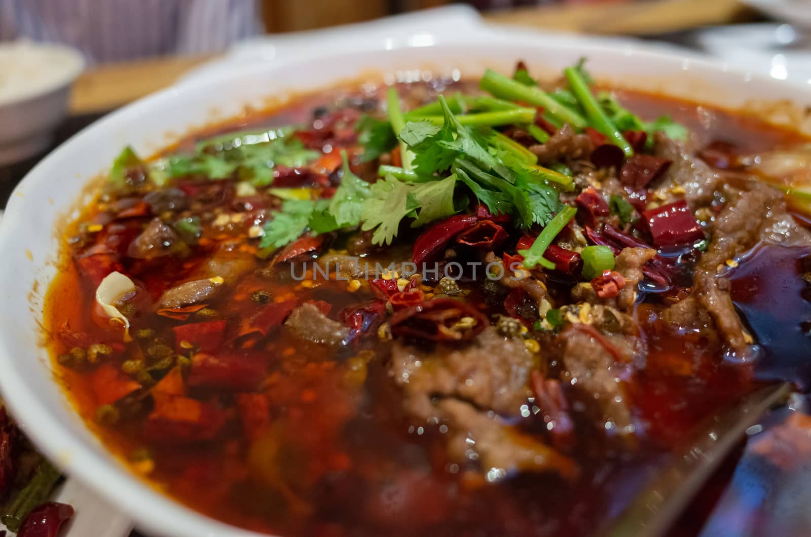 A bowl of spicy Sze Chuan hot pot beef