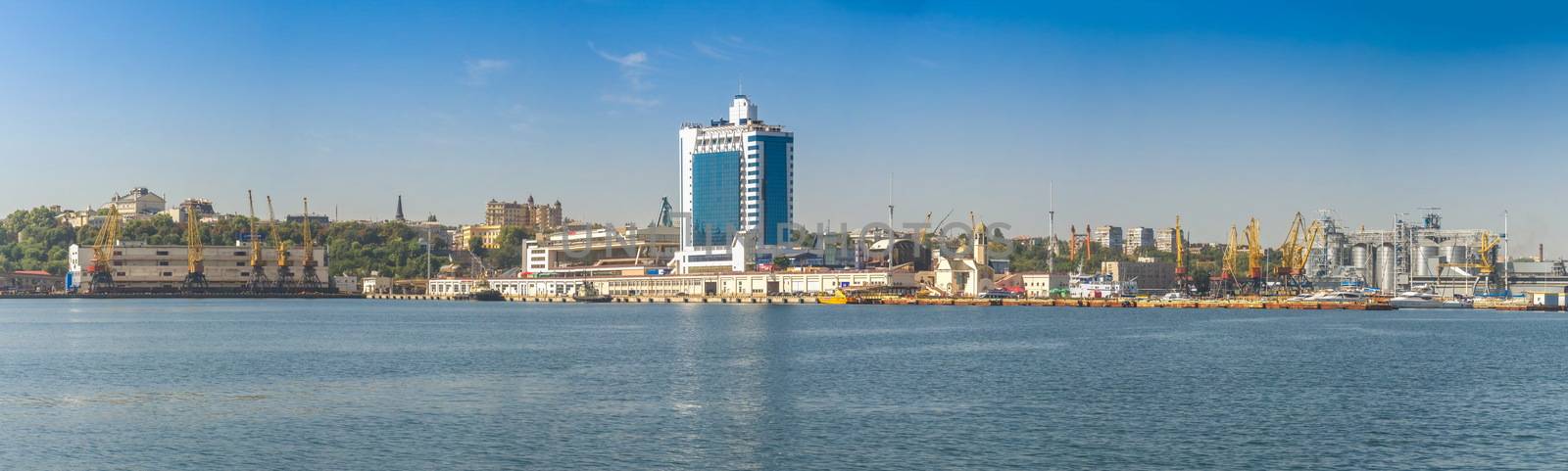 Odessa, Ukraine - 08.28.2018. Coast of Odessa city, Ukraine. Panoramic view from the sea in a sunny summer day.