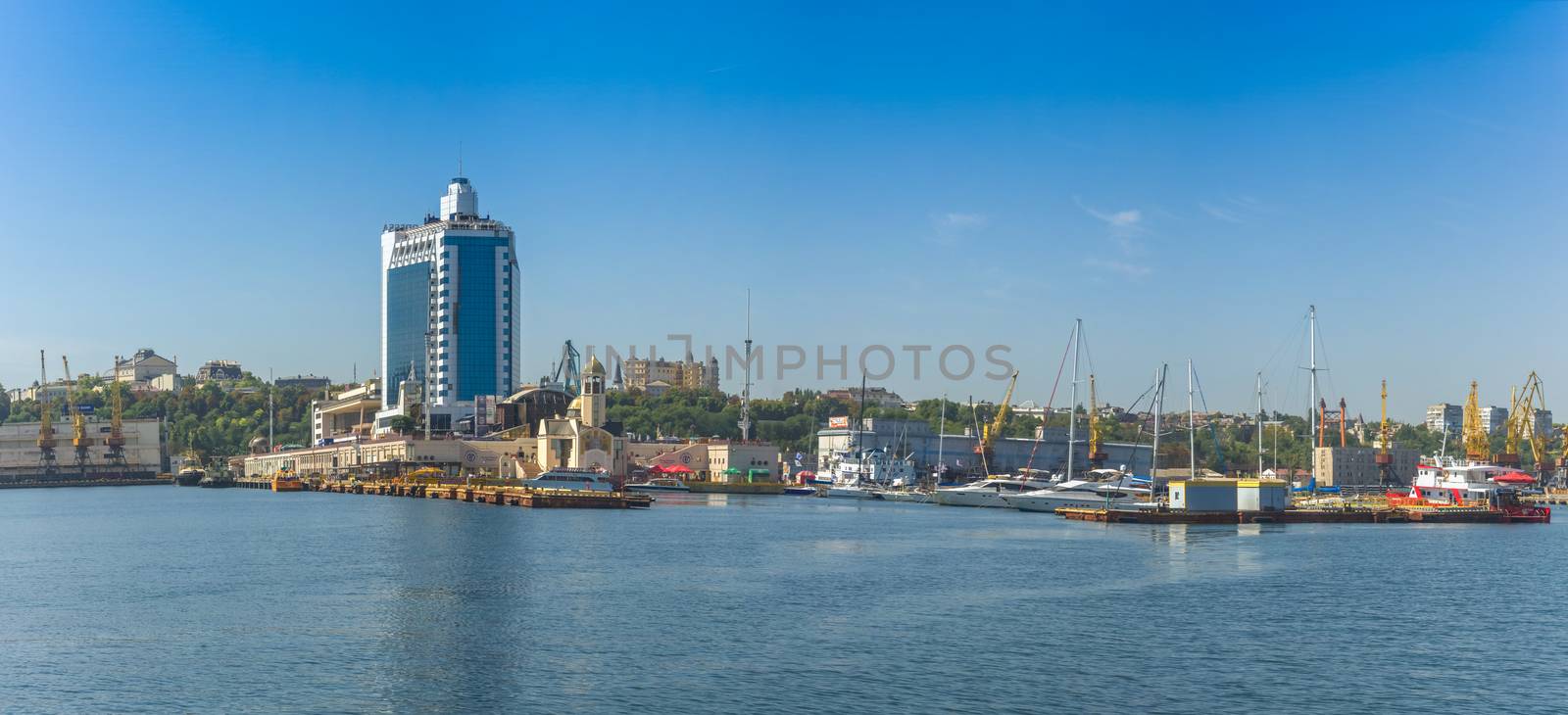 Odessa, Ukraine - 08.28.2018. Coast of Odessa city, Ukraine. Panoramic view from the sea in a sunny summer day.