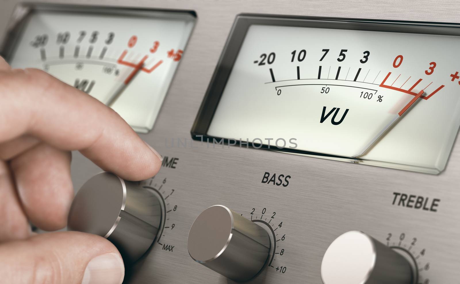 Man turning volume button of a vintage analogic amplifier to increase sound volume. Composite image between a hand photography and a 3D background.