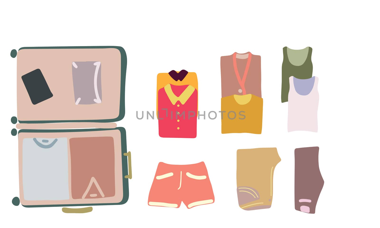 illustration top view luggage. Clothes in the luggage. Open packed suitcase. Advertising, poster, banner and web design.