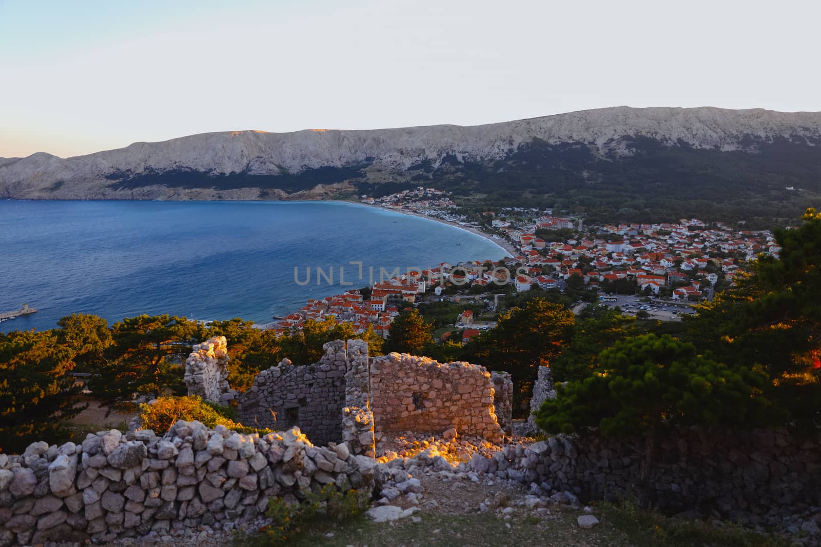 Summer city on a bay shore in the Adriatic sea, Croatia. View from the hill