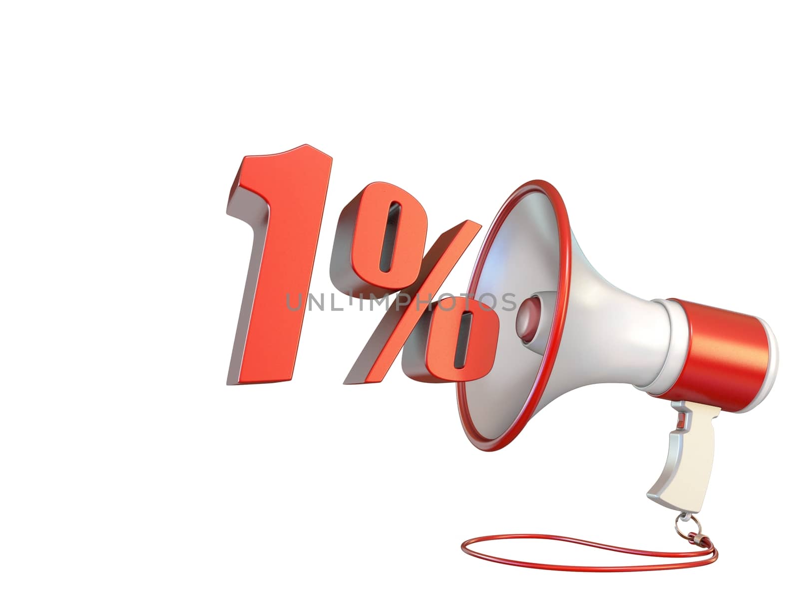1 percent sign and megaphone 3D rendering illustration isolated on white background