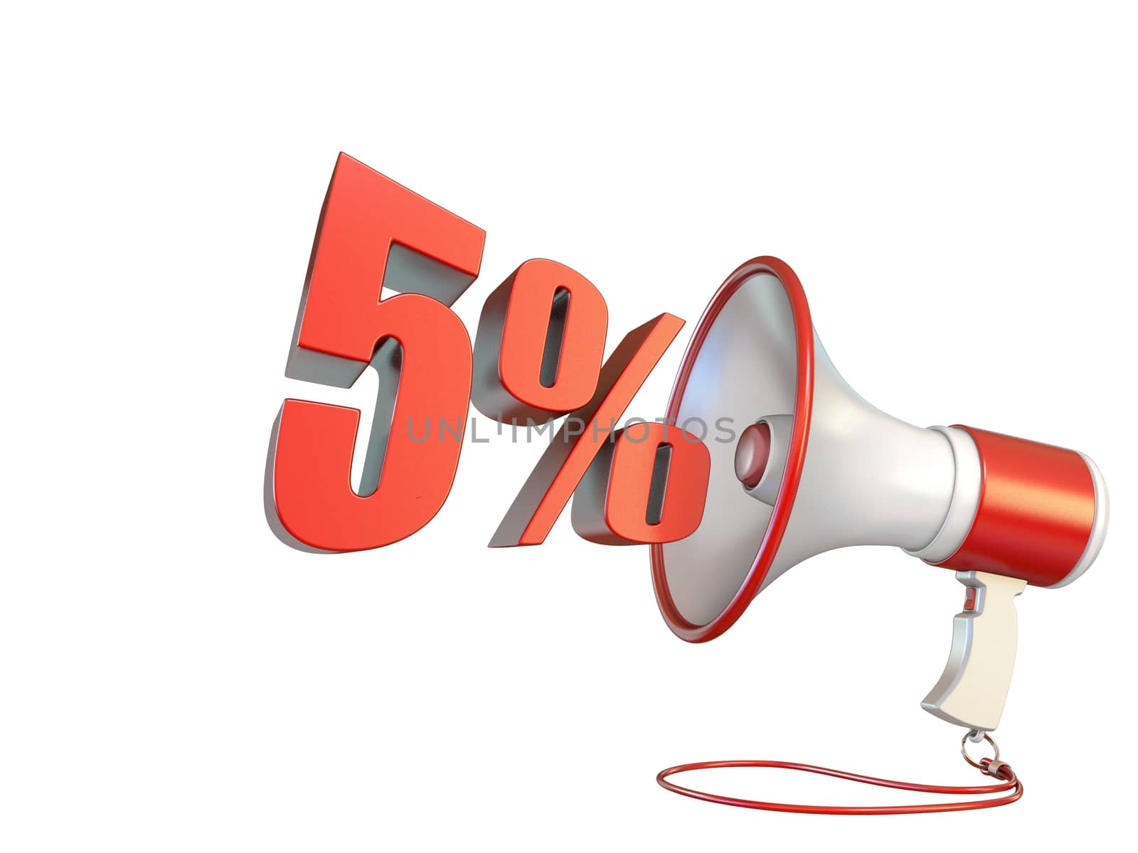 5 percent sign and megaphone 3D rendering illustration isolated on white background