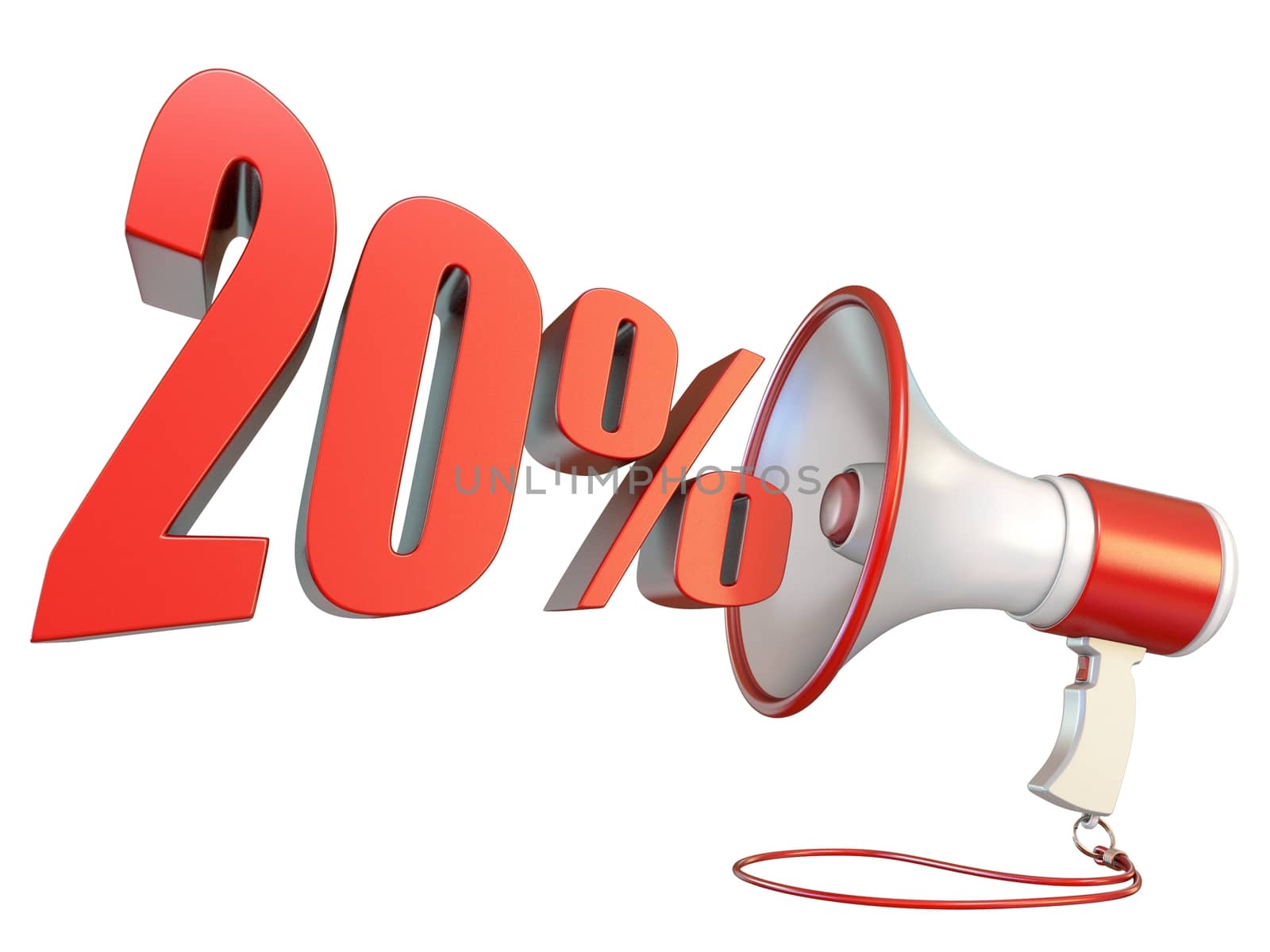 20 percent sign and megaphone 3D rendering illustration isolated on white background