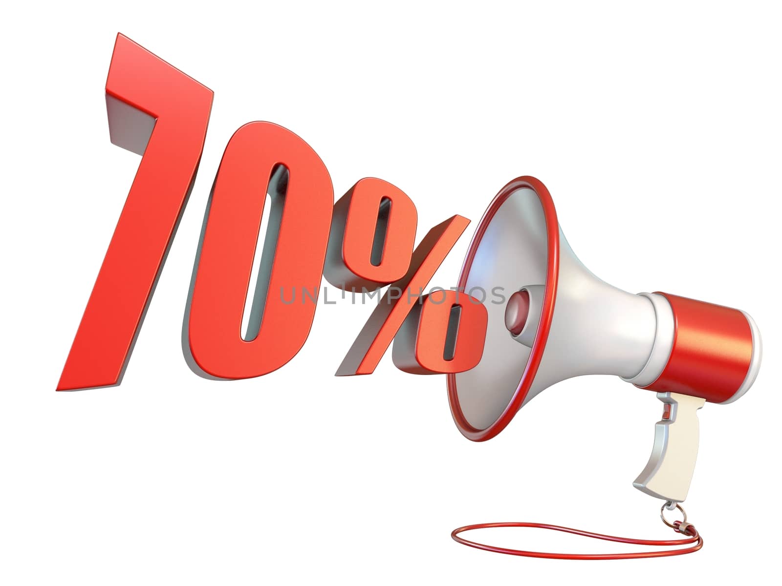 70 percent sign and megaphone 3D rendering illustration isolated on white background